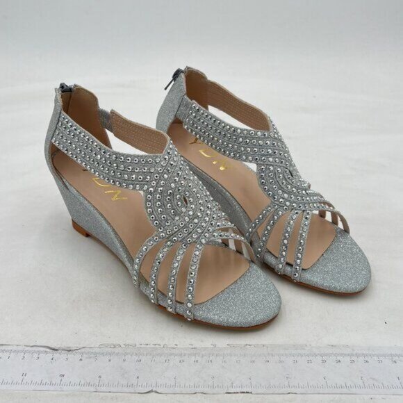 YDN Silver Wedge Glitter Sandals Open Toe Rhinestones Cross Over Straps Shoe - Picture 4 of 8